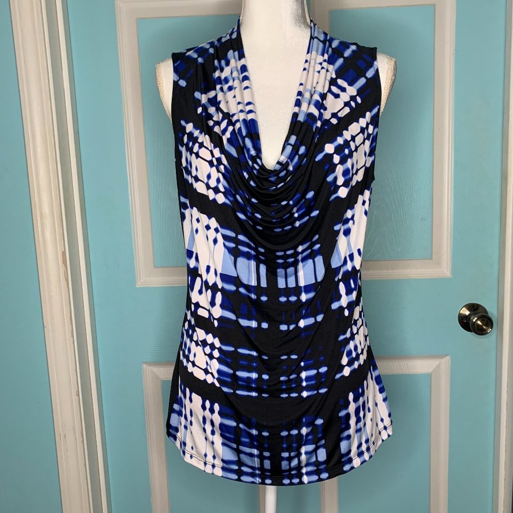 Worthington Blue, Black & White Sleeveless Blouse - L